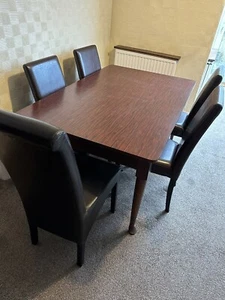 Vintage Dining Table And 5 Dark Brown Leather Chairs Mahogany Formica Top - Picture 1 of 6