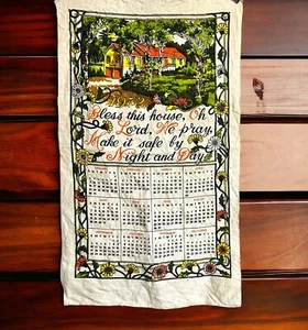 Vintage 1972 Calendar Towel Wall Hanging Linen Tea Towel House Daisies  16” X 27 - Picture 1 of 7
