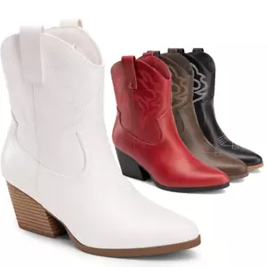 Women Cowboy Cowgirl Boots Western Boots Low Chunky Heel Pointed Toe Booties - Picture 1 of 32