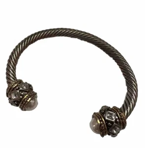 Twisted Cable Cuff Faux Pearl Bracelet Gold And Silver Tones, Rhinestones - Picture 1 of 10