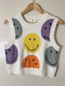 smiley x hm Colorful Knit Cropped Sweater Vest Smiley Face Women Size M - Picture 1 of 13