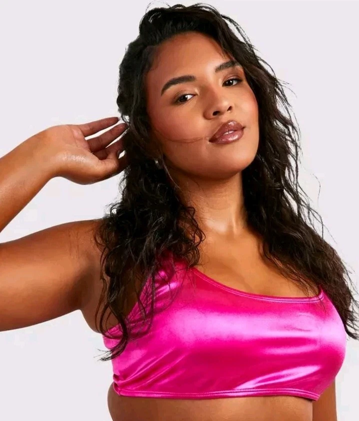 NUEVO CON ETIQUETAS BOOHOO Essentials Top de Bikini Escote Satinado Rosa Metálico Talla EE. UU. 16 Fiesta Rave Foto 1 de 4