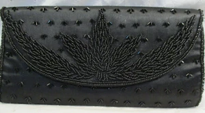 VINTAGE LITTLE BLACK Satin with Glass Seed Beads Evening Bag Clutch Japan - Picture 1 of 9