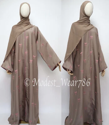 Dubai Abaya Open A-line Buttons Muslim Dress Crinkle Pink Bow Embroidery Mocha - Image 1 of 4