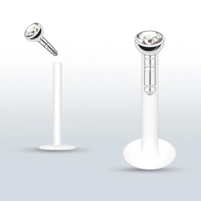 Pair 2mm Press Fit CZ Bioflex Push In Stud Lip Labret Monroe Piercing 16g 3/8" - Image 1 of 2