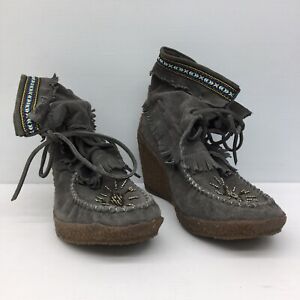Zigi Ny Grizzlees Helen Gray Leather Suede Wedge Embellished Moccasins Womens 11