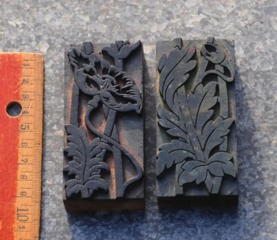 poppy letterpress wooden printing blocks ornaments Art Nouveau wood frame old . - Image 1 of 3