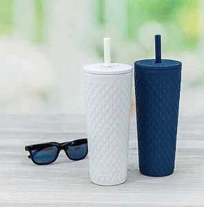 Zak Designs Cora 24 oz. Insulated Tumbler with Straw, 2 Pack - White & Dark Blue - Picture 1 of 5