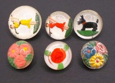 Vintage Painted Under Glass Buttons Paperweight Golfers Scottie Dog Flowers 6 pc - Image 1 of 4