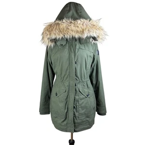 Hollister L Green Cinch Waist Faux Fur Lined Zip Button Long Parka Coat Pockets - Picture 1 of 14