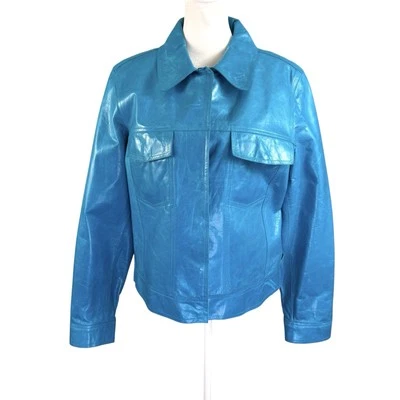 Chaqueta Andrew Marc para mujer L de cuero turquesa forrada frontal a presión vintage Foto 1 de 4