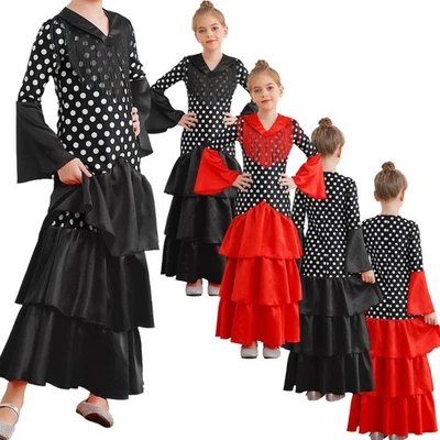 Girls Costume Salsa Maxi Party Dress Princess Dancewear Spanish Festival Waltz - Image 1 of 4