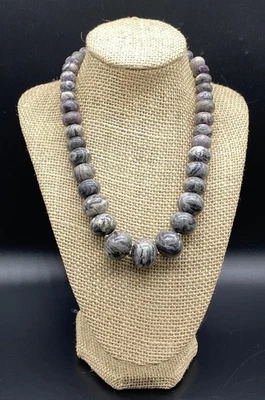 Collar de cuentas de jaspe gris pulido pesado graduado grueso plata esterlina BARSE- Foto 1 de 4
