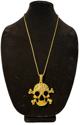 Pirate Skull Crossbones Rhinestone Gold Color Pendant And Necklace Halloween - Image 1 of 4