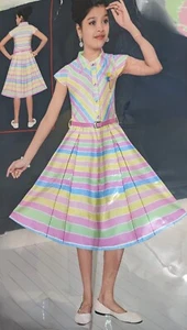 Girls Easter Striped Pleted Belted Button Rainbow Casual Knee Length Middy Dress - Picture 1 of 4