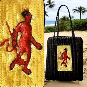 Devil Tote Black Sequins Beaded Red Gold Woven Basket Goth Beach Vintage Travel - Picture 1 of 11