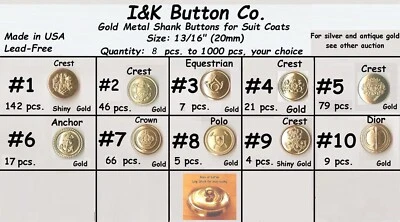 8 to 1000 pcs. Antique Gold Metal 3/4" (20mm) Blazer Buttons - Costumes -CHOICE - Image 1 of 4