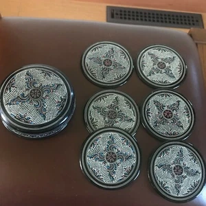 Estate Lot of 6 Pink Black Lacquered Round Wood Painted Blue White & Pink Coaste - Picture 1 of 8