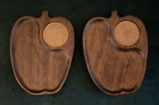 2 MCM Apple Shaped Gail Craft Woodware Snack Plates With Built-in Cork Coasters