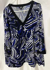 Slim Factor By Investments Sz XL Blue Swirl Tunic Blouse V Neck Side Slits - Picture 1 of 10