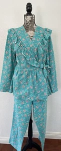 Rare 100% Cotton Pajama Set Lanz of Salzburg Kimono Tie 2 Piece Turquoise Floral - Picture 1 of 9