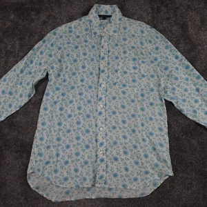 Boden 100% Linen Shirt Size Medium Mens Blue Floral Summer Light Button Up - Picture 1 of 18