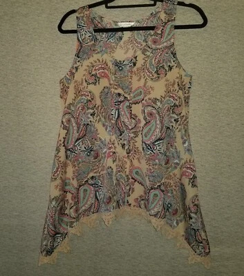 CHARMING CHARLIE Medium Lace Trim Paisley Tank Top Lightweight Asymmetric Hem - Image 1 of 4