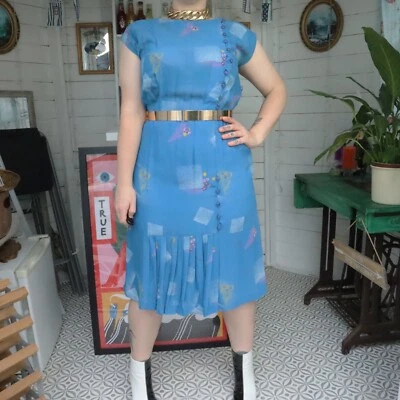 Vestido Midi Mod Vintage Retro Años 60 Azul Geométrico Abstracto Patrón Loco Estampado 10 Foto 1 de 4