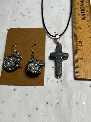 Conjunto de pendientes colgantes de plata 925 con piedras preciosas y perlas de pájaro paloma Foto 1 de 4
