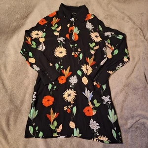 ZARA Woman Premium Denim Collection Gr. S Mini Hemd Kleid Kragen Knöpfe Blumen - Bild 1 von 11