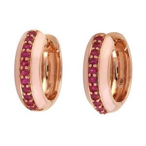18KT Rose Gold Huggie Hoop Earrings with Natural Rubies & Enamel Earrings Women - Picture 1 of 7