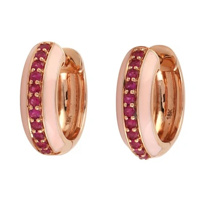 18KT Rose Gold Huggie Hoop Earrings with Natural Rubies & Enamel Earrings Women - Image 1 of 4