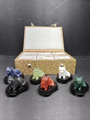 Hand Carved Set Chinese Jade, Aventurine, Carnelian, Sodalite, And Marble Cats - Image 1 of 4