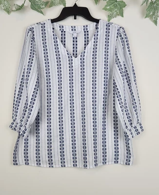 Blusa Top Croft & Barrow Talla S Blanca Azul Marino Boho Manga 3/4 Mezcla Algodón Foto 1 de 4