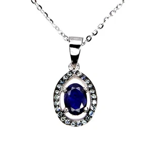 925 Argento Sterling Collana Ovale Zaffiro Blu 7x5mm Zaffiro Gemma 45.7cm - Foto 1 di 13