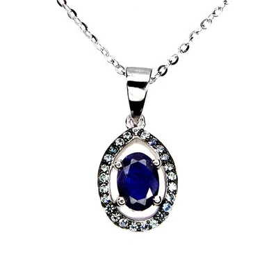 925 Sterling Silber Halskette Oval Blauer Saphir 7x5mm Saphir Edelstein 18 Zoll - Bild 1 von 4