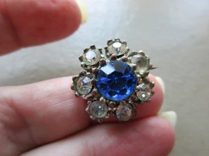 ANTIQUE VINTAGE OLD RETRO SILVER TONE BLUE WHITE CRYSTAL FLOWER SASH PIN BROOCH - Picture 1 of 4