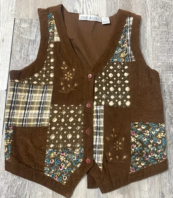 Jane Ashley Vintage Patchwork Corduroy Vest Women’s Size S Brown Floral Western - Image 1 of 4