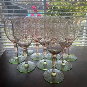 (9) Tiffin Watermelon Etched Goblets Uranium (2) W/chips - Picture 1 of 5