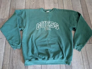 Vintage 90s Guess Jeans USA Crewneck Sweatshirt Green Sage Embroidered Size L - Picture 1 of 8