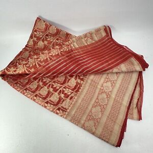 Vtg Indian Saree Wrap One Size Silk Brick Red Floral Gold Metallic Fibers Border