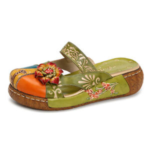 Women's Bohemia Leather Slipper Vintage Slip Ons Flower Loafer Sandals