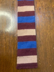 Vintage MCM Knit Square End Neck Tie Striped Burgundy Tan & Blue - Picture 1 of 8
