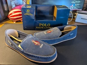 Polo Ralph Lauren Slippers Mens Size 10 Blue Suede Winter Bear Moccasin Indoor - Picture 1 of 11