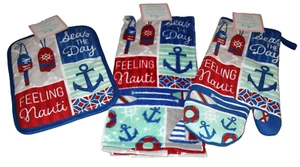 COASTAL Towel, Oven Mitt & PotHolder Set ~ FEELING NAUTI / SEAS THE DAY - Picture 1 of 1