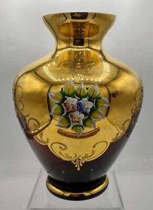Ucagco lila böhmische Kunst Glas Vase 24K Gold Emaille Gold vergoldet Italien 8,5" H - Bild 1 von 13