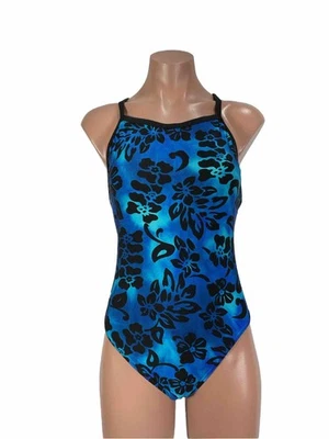 Speedo Vintage Años 80 90 Azul y Negro Floral Bañador Corte Alto 12/38 Una Pieza Foto 1 de 4