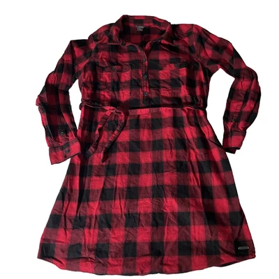 Eddie Bauer Red Black Buffalo Flannel Plaid Tie Long Sleeve Shirt Tunic Dress 16 - Image 1 of 4