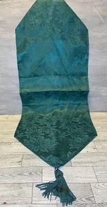 Green Poinsettia Jacquard Table Runner with Tassels Holiday Christmas Decor - Picture 1 of 3