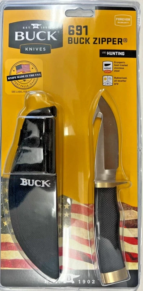 Buck 691 Zipper Fixed Blade Drop Point Guthook Knife w/ Sheath 0691BKG-C - Image 1 of 1